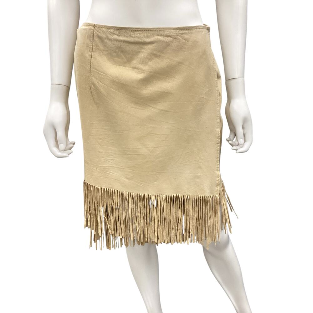 Vintage Women’s Leather Skirt SZ 8 Wrap Style Fringes Can Adjust Closures Camel